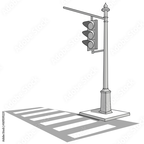 Traffic light post with crosswalk shadow, urban street scene.