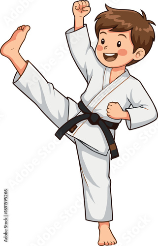 Smiling boy practicing high karate kick in white gi and black belt, martial arts training, discipline, sports, and confidence concept