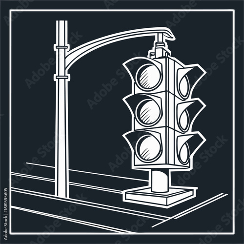 Traffic Light Signal Control Device on Pole with Road Markings.