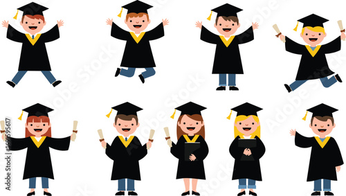 Joyful cartoon kids in graduation caps and gowns holding diplomas, celebrating success, diverse children vector illustration for school graduation
