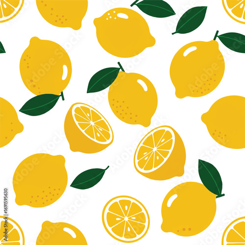 A vibrant seamless pattern showcasing stylized whole and half lemons with green leaves, rendered in a 2D flat vector illustration style, against a clean white background.