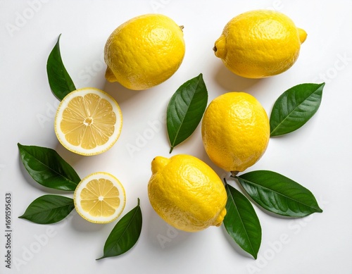 Wallpaper Mural Ripe lemons and lemon leaves on white background. Top view. Torontodigital.ca