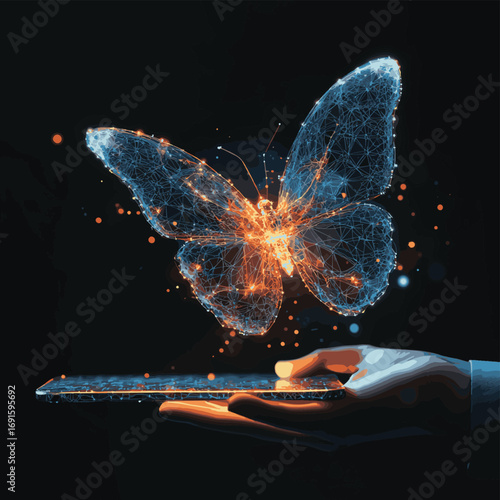 Abstract digital butterfly flying out from tablet computer