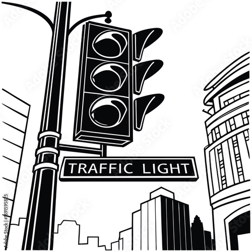 Black and white illustration of a traffic light on a pole with buildings.