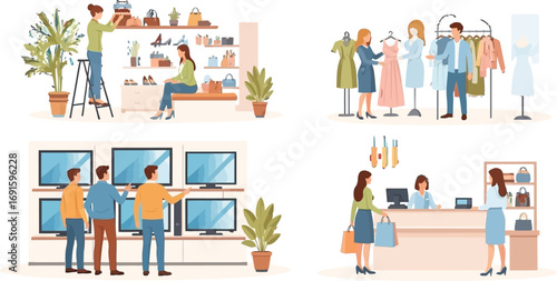 Customers shop for clothes, shoes, and electronics in a modern department store, enjoying retail therapy