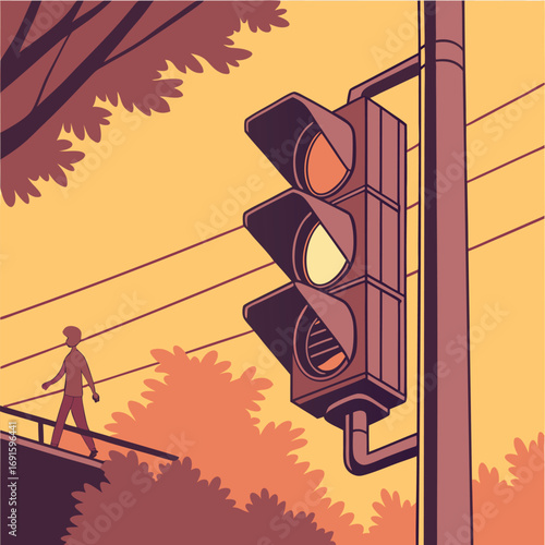 Traffic light with yellow and red lights illuminated and a person walking.