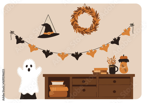 Charming Halloween Decorations A cozy scene featuring a ghost, bat garland, witch hat, and fall wreath, creating a festive and inviting atmosphere