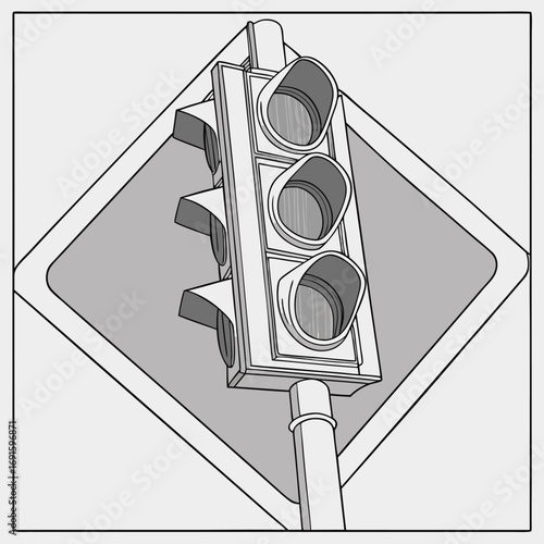 Traffic light signal post with three lights on a diamond shaped sign.