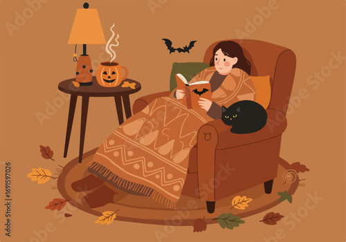 Cozy Halloween Reading Nook A Woman Enjoys a Book by the Fireplace with a Black Cat and Autumn Leaves
