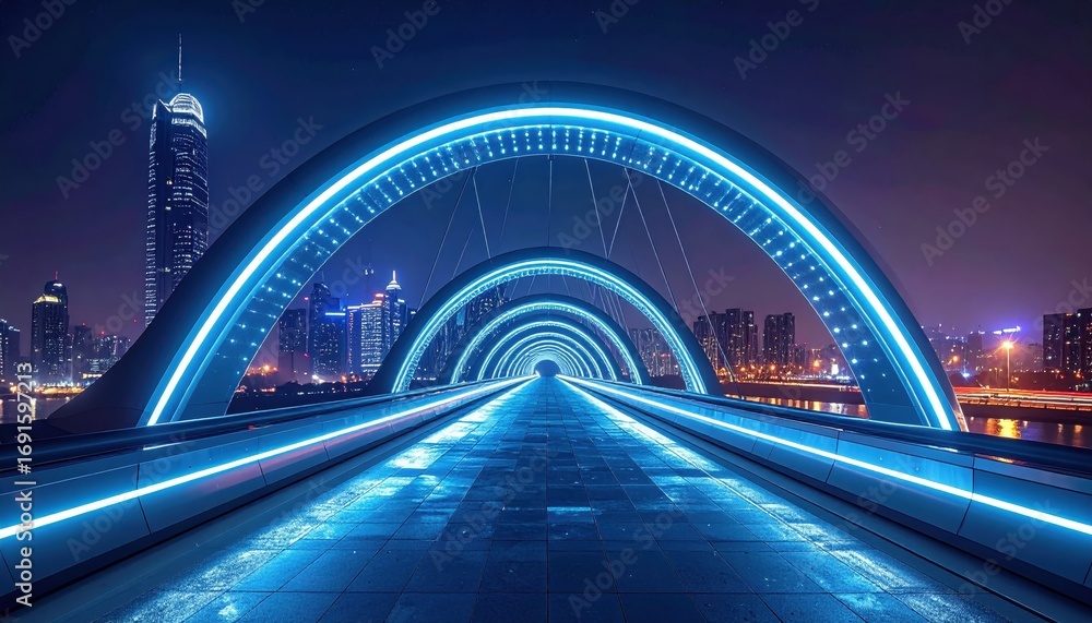 Fototapeta premium A modern, illuminated bridge spans a city at night, glowing with vibrant blue lights, showcasing futuristic architecture and urban development.