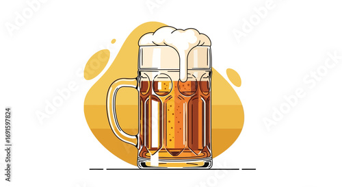A tall, frothy glass of amber ale, a refreshing beverage perfect for any occasion, depicted in a vibrant and stylized illustration with a clean, modern aesthetic