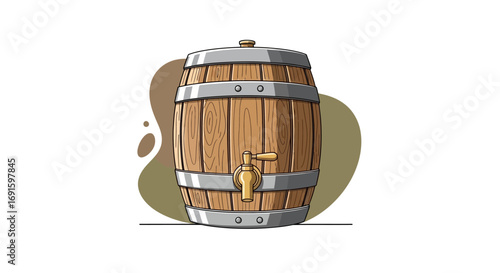 Wooden barrel with spigot, a vintage container for beverages like wine and beer, showcasing traditional craftsmanship and rustic charm for storage and display