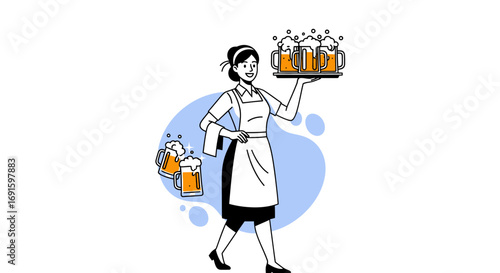 Vector illustration of a waitress carrying a tray of frothy beer mugs, representing hospitality and service in a bar or pub setting