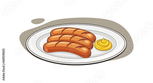 Three delicious grilled sausages with a dollop of mustard on a white plate, isolated on a white background, perfect for food blogs, menus, and culinary inspiration