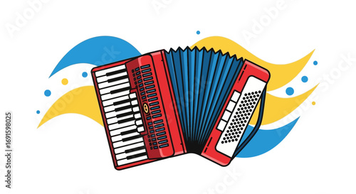 Red accordion with a black keyboard and bellows, set against a background of yellow and blue wavy lines and dots, representing music and sound