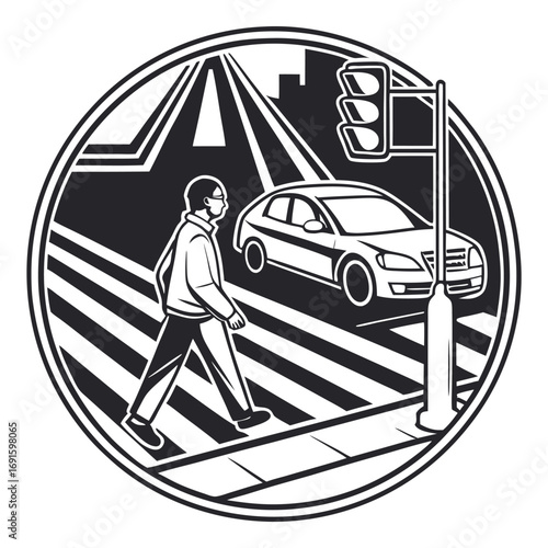 Pedestrian crossing street safely with traffic light and car.