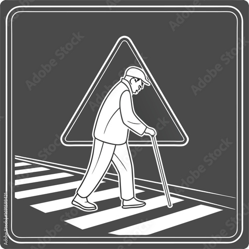 Elderly Man Crossing Street - Pedestrian Safety Illustration.