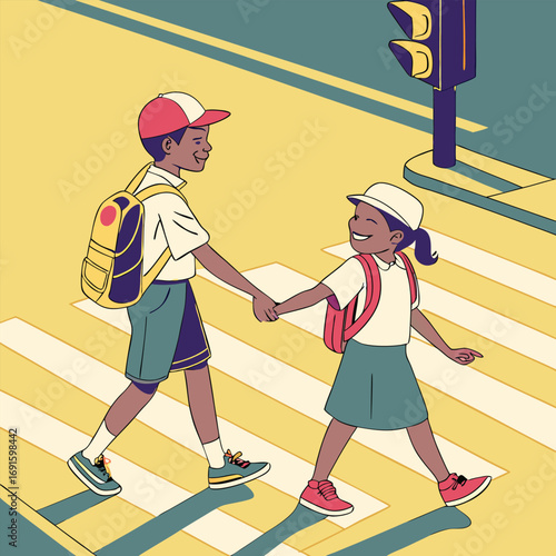 Two happy school children holding hands while crossing the street.