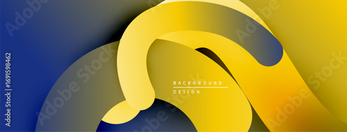 Abstract flowing shapes, vibrant yellow gradients blend into deep blues. Modern design suggests movement, depth, visual energy.