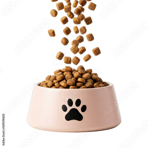 Brown Dry Pet Food Falling into Pink Bowl with Paw Print Design on Transparent Background