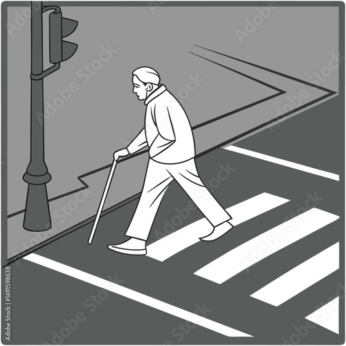Elderly man walking with cane across crosswalk.