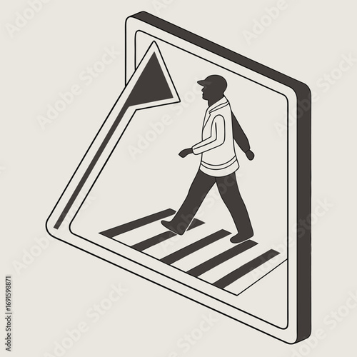 Isometric Pedestrian Crossing Sign Illustration with Man on Zebra Crossing.