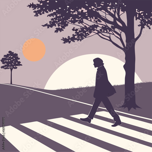 Silhouette of a solitary person walking across a pedestrian crosswalk.