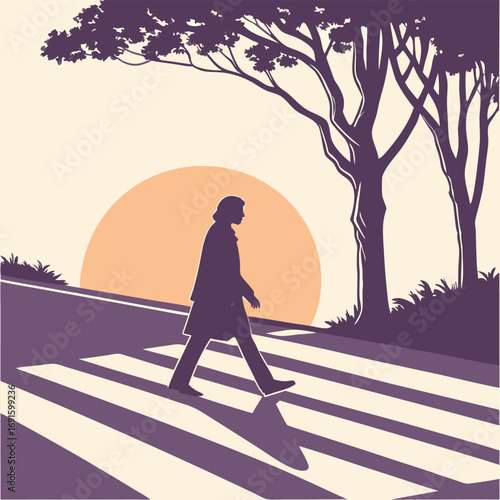 Silhouette of a person walking across a crosswalk at sunset.