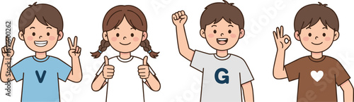Vector illustration of smiling children showing different hand gestures, perfect for education, communication, emotion expression, and positive attitude content.
