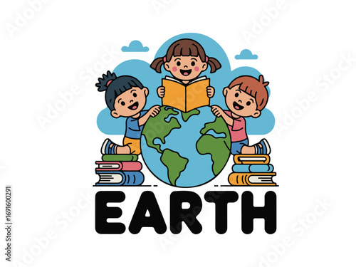 Happy children reading books around the world illustration