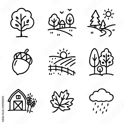 A set of doodle line icons representing trees, landscapes, barns, leaves, acorns, and weather elements related to autumn countryside scenes