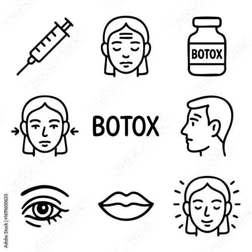 A set of doodle line icons showing botox treatments, face injections, anti-aging results, and beauty enhancement procedures for skin care