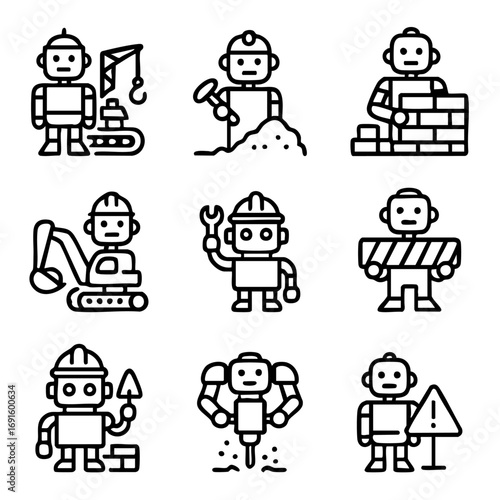 A set of doodle line icons featuring construction robots working with tools, machinery, barriers, and safety signs in building site scenarios