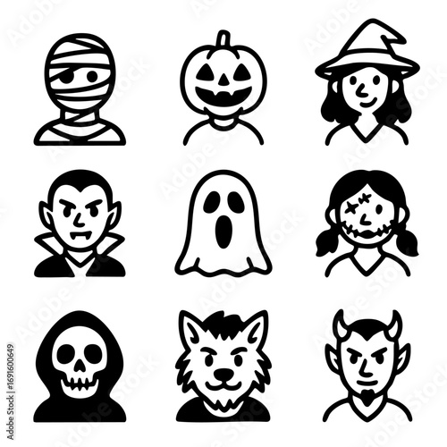 A set of doodle line icons featuring classic Halloween characters including vampire, witch, ghost, mummy, pumpkin head, devil, and werewolf