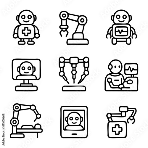 A set of doodle line icons showing medical robots, robotic arms, telemedicine screens, and healthcare automation for futuristic medical services