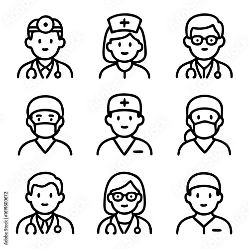 A set of doodle line icons representing doctors, nurses, and healthcare workers wearing uniforms, stethoscopes, and surgical masks
