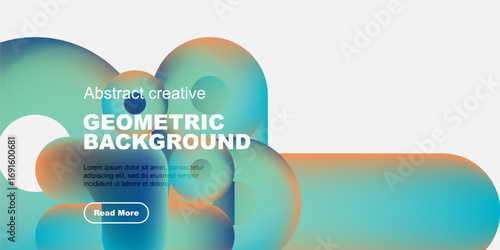 Abstract geometric background features vibrant blue, orange hues. Text overlay includes title, sample text, button. Modern design elements present.