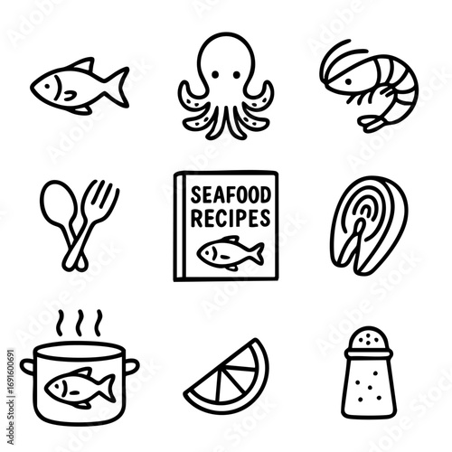 A set of doodle line icons featuring fish, shrimp, octopus, kitchen tools, lemon, salt, and elements related to seafood meals and recipes