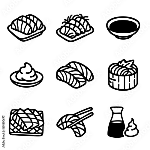 A set of doodle line icons showing various types of sushi, wasabi, soy sauce, sashimi, chopsticks, and traditional Japanese food elements
