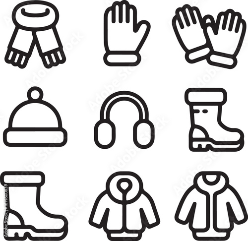 Cozy Winter Accessories Vector Icons Hats, Scarves, Mittens, Gloves, Ear Muffs, Boots, and Layered Outfits Line Art Collection
