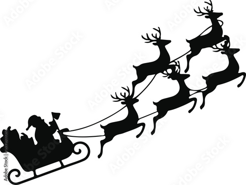Santa Claus riding sleigh with reindeer carrying gifts Christmas holiday silhouette vector illustration