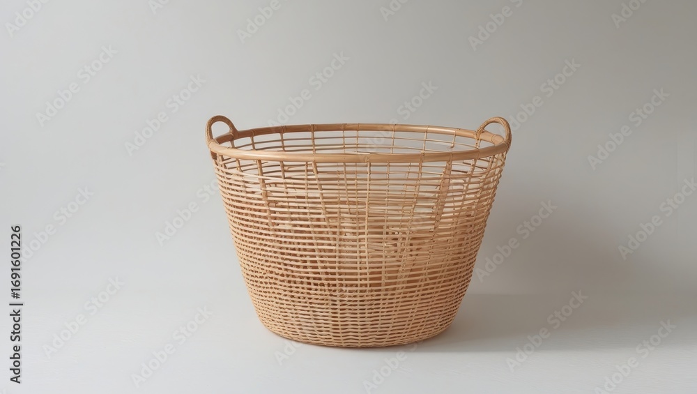 Obraz premium A light beige woven basket with handles sits against a plain backdrop.