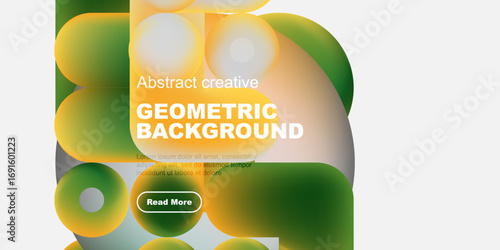 Abstract geometric background features vibrant green, yellow hues. Text overlay includes sample content, button for more information.