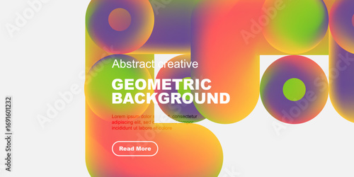 Vibrant geometric shapes overlap black background. Text promotes creative design, includes read more button. Modern aesthetic.
