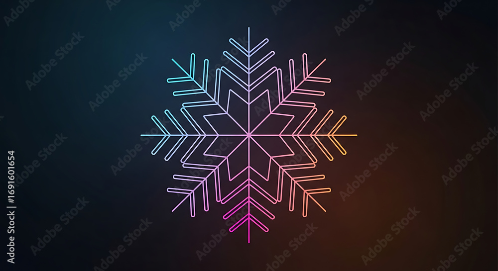Abstract, colorful, outlined snowflake graphic design.