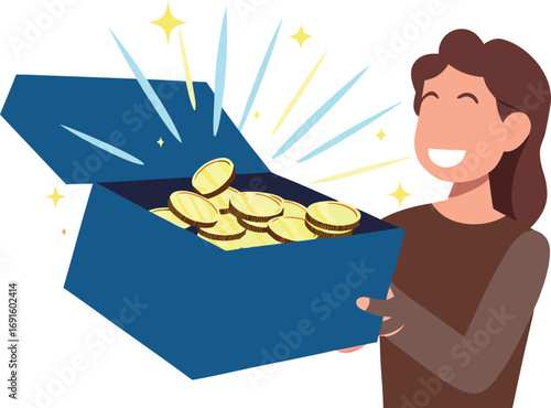 Happy Woman Holding Open Treasure Box with Coins, Editable Vector Illustration.