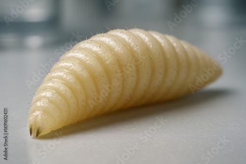Detailed macro view of a screwworm larva showing its segmented body and texture, used for scientific, biological, medical, and entomology reference in research and education.