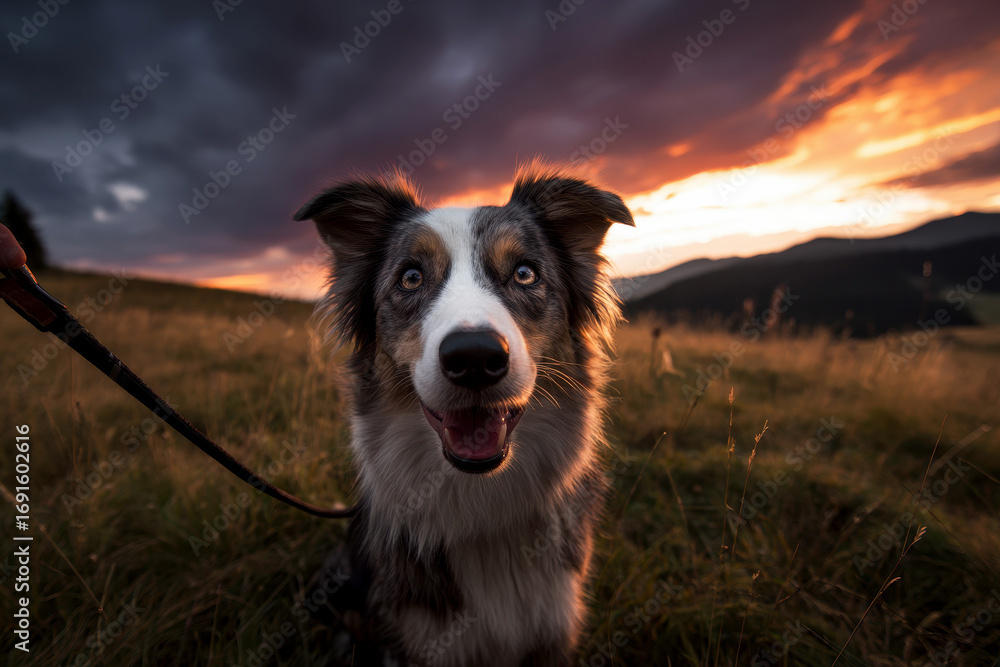 Fototapeta premium A stunning happy dog portrait in a field, bathed in golden sunlight.