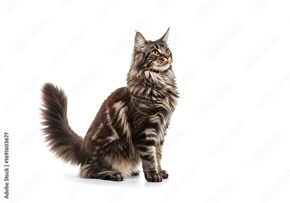 Fototapeta premium Elegant Maine Coon cat looking up in a clean white studio