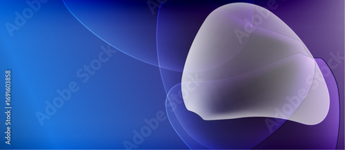 Abstract fluid shapes, blue purple hues, soft light. Smooth gradients create calming visual experience. Minimalist design.